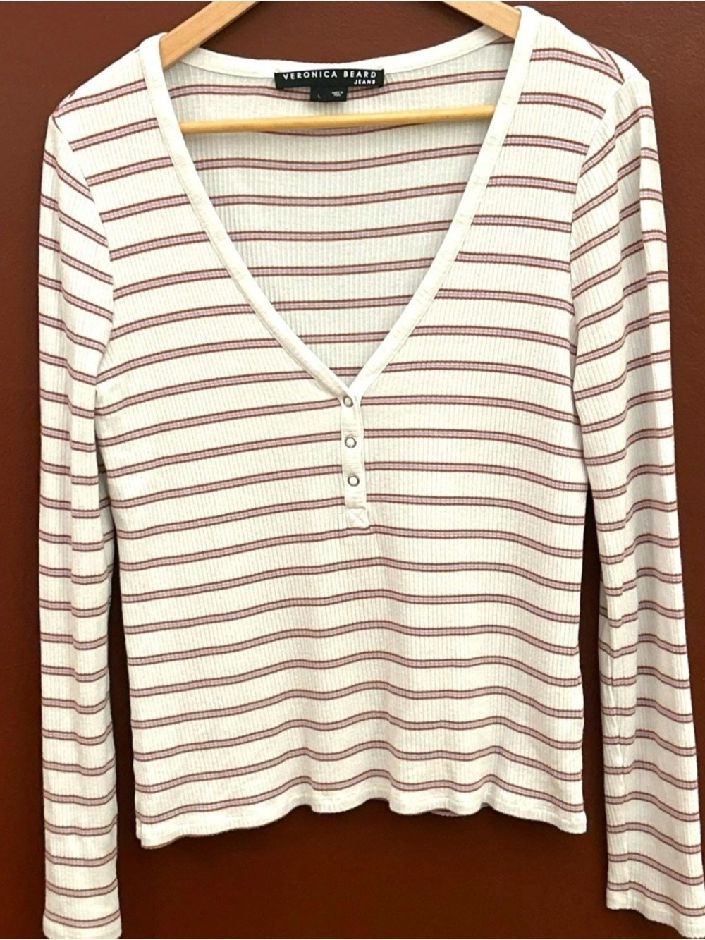 Veronica Beard Cream and Burgundy Striped Long-Sleeve Henley